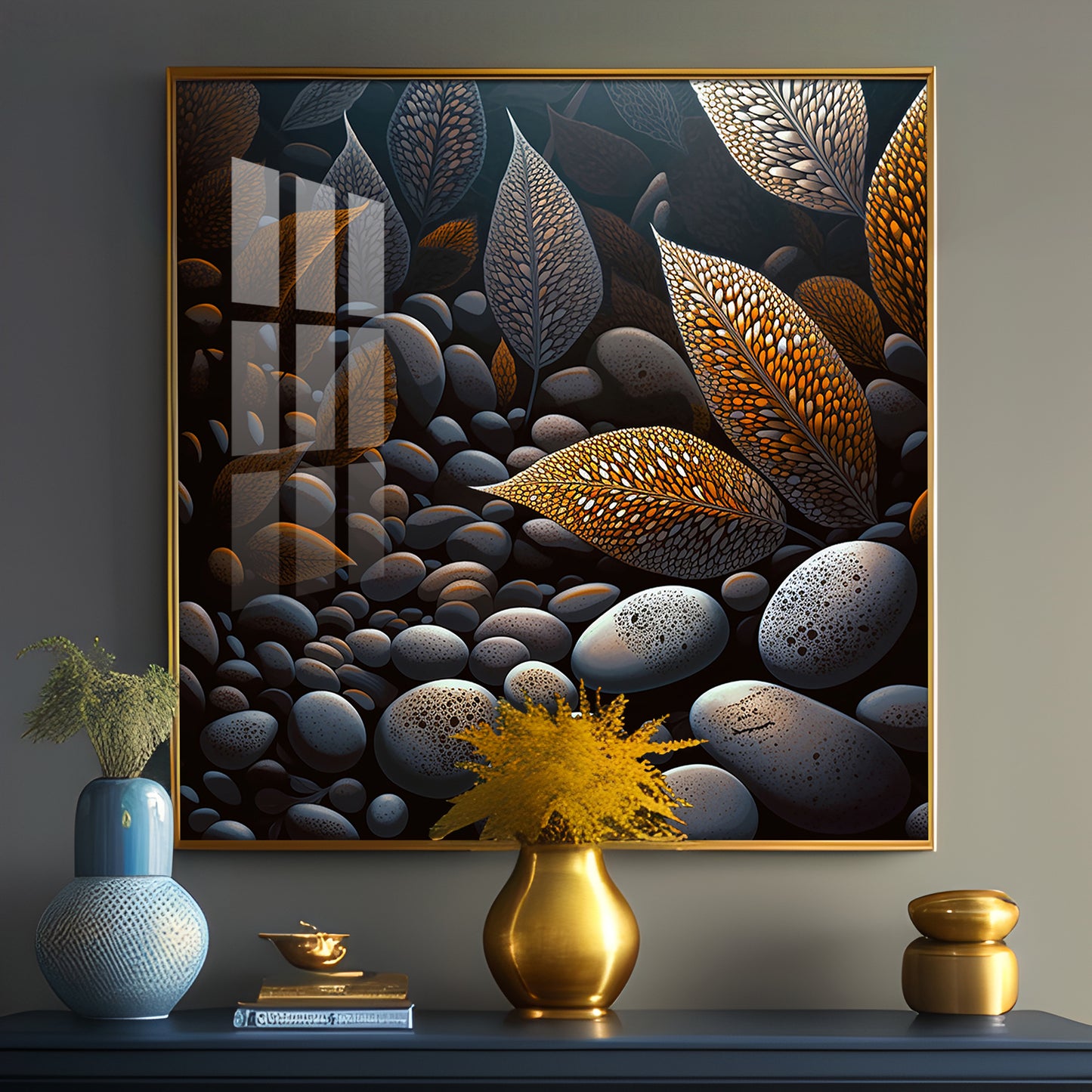 Leaves and Stones Glass Finish Square Wall Art