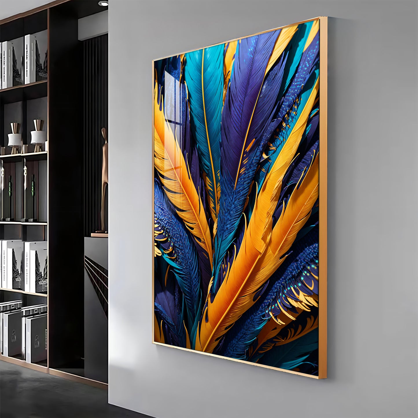 Feathered Radiance Glass Finish Vertical Wall Art