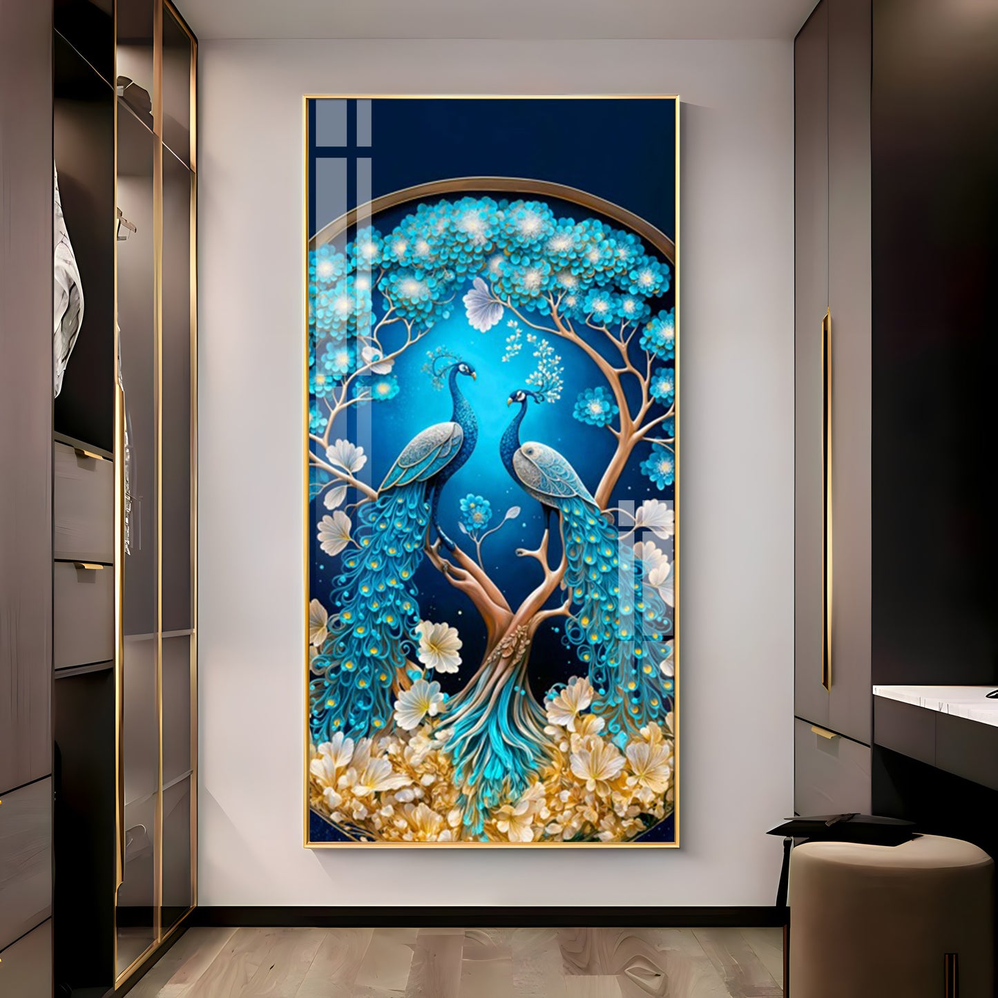 Peacock On Tree Branch Glass Finish Vertical Wall Art