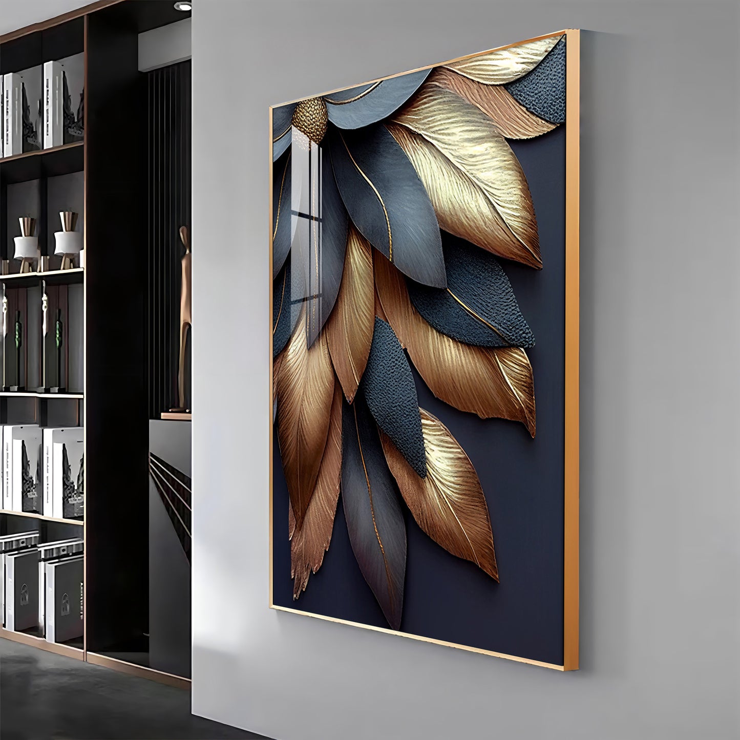 Golden Petal Elegance Glass Finish Vertical Wall Art
