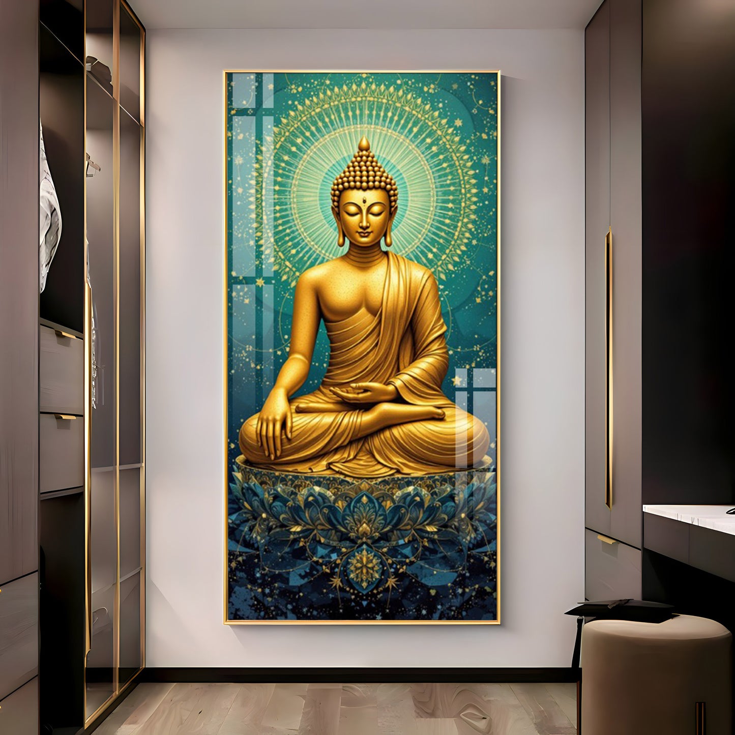Golden Buddha's Energetic Wisdom Glass Finish Vertical Wall Art