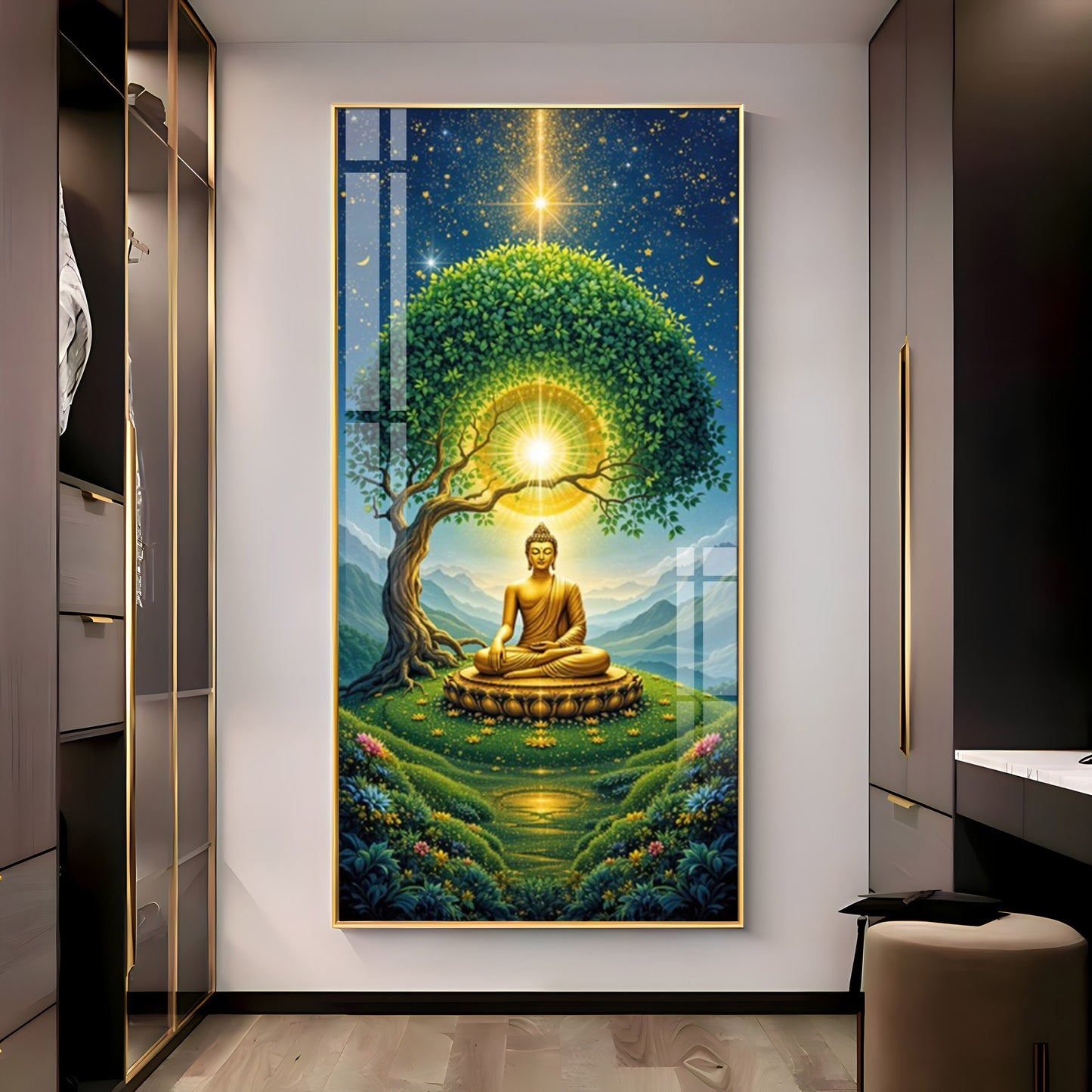 Meditating Buddha In Nature Glass Finish Vertical Wall Art