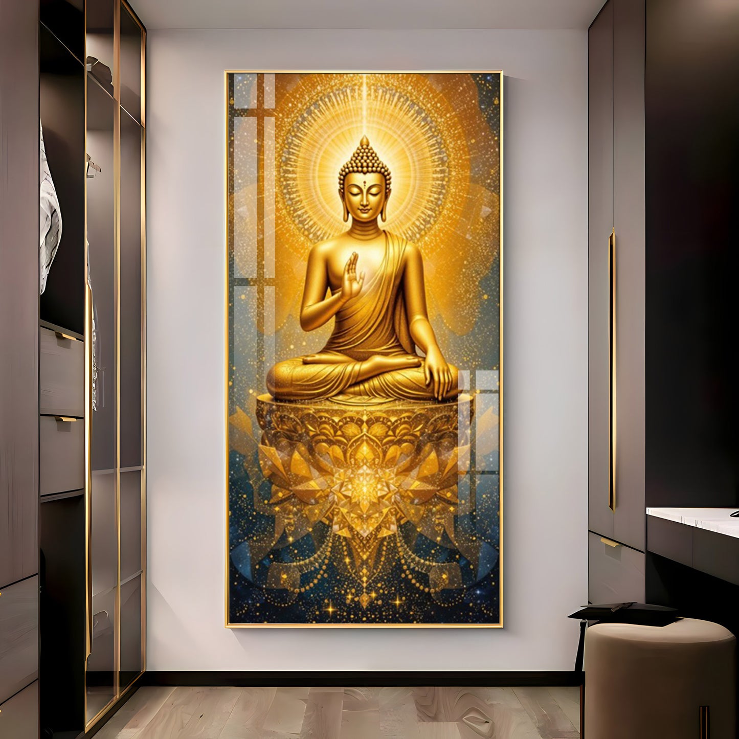 Golden Budha's Aura Glass Finish Vertical Wall Art