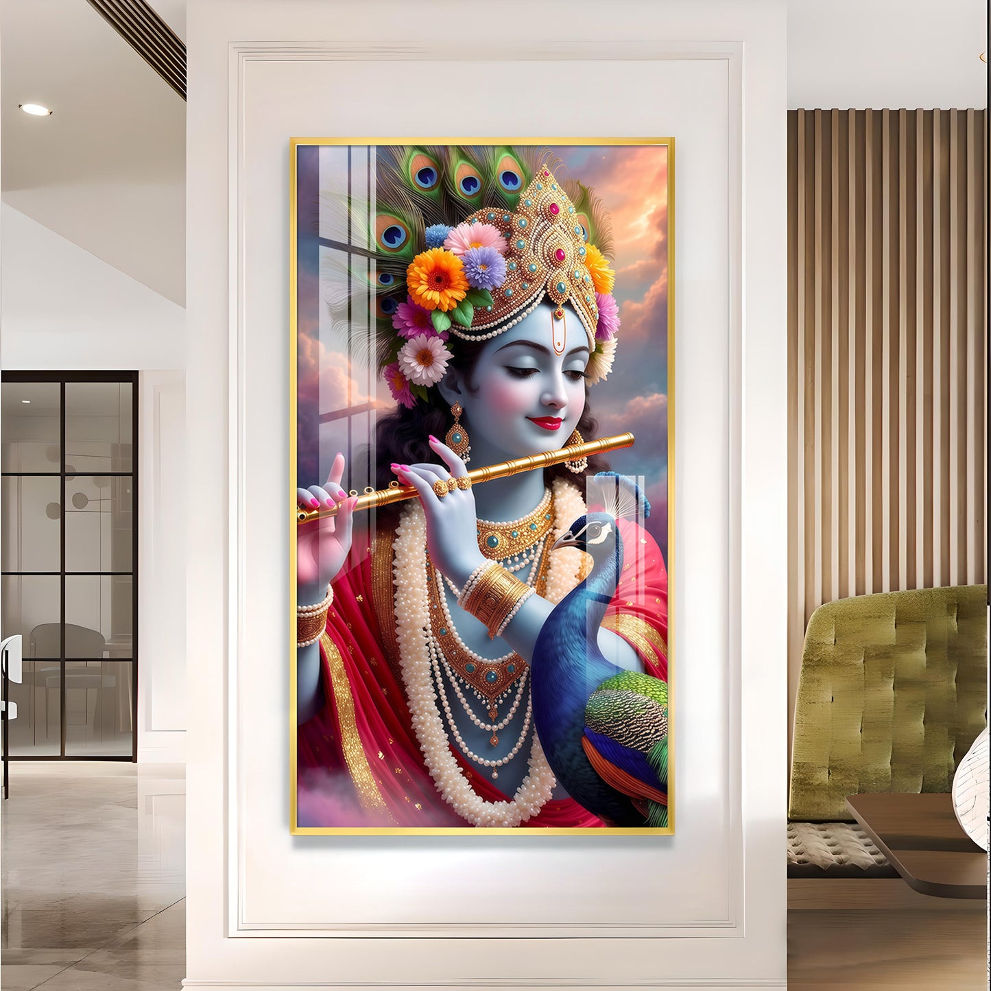 Lord Krishna Flower Crown Glass Finish Vertical Wall Art