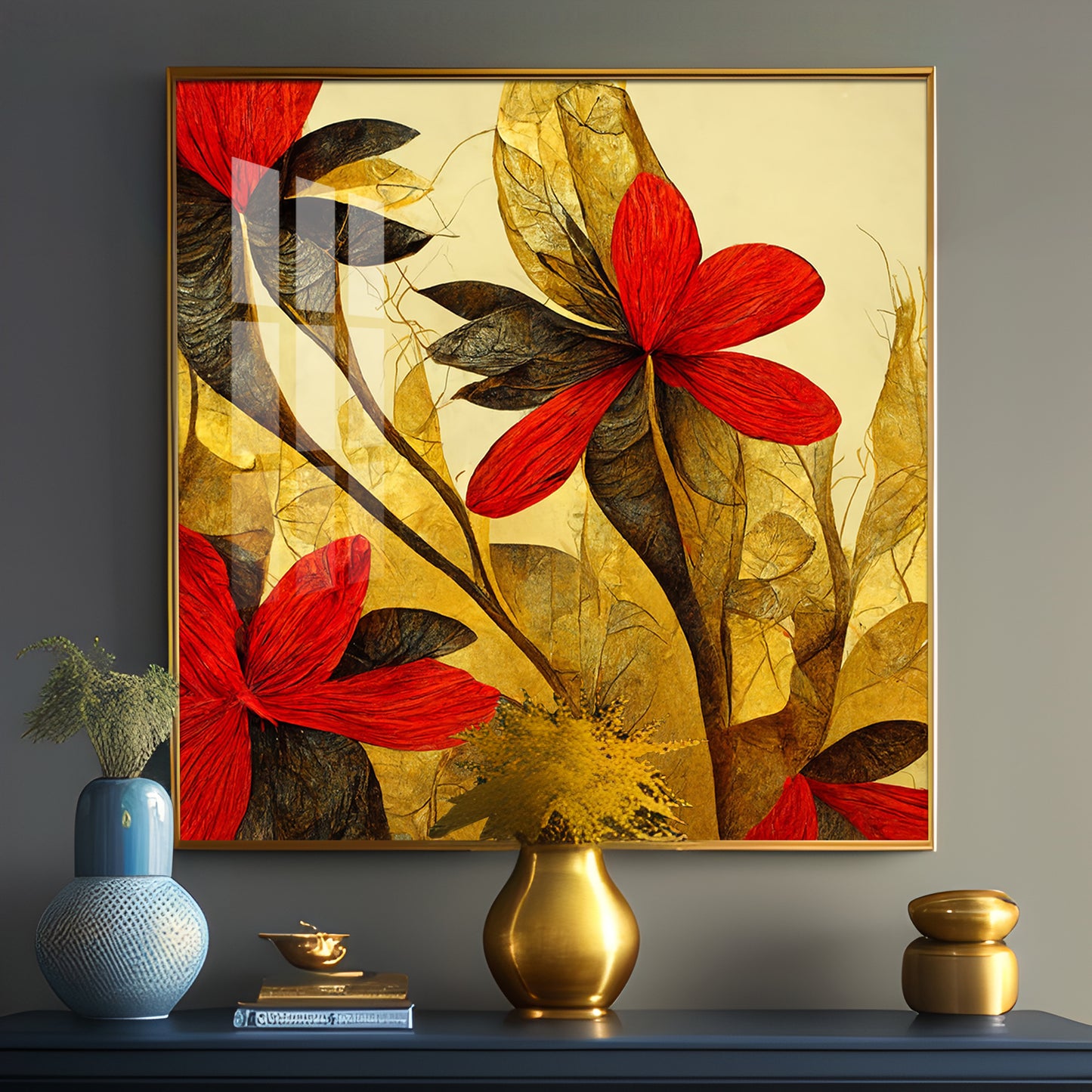 Scarlet Bloom Glass Finish Square Wall Art