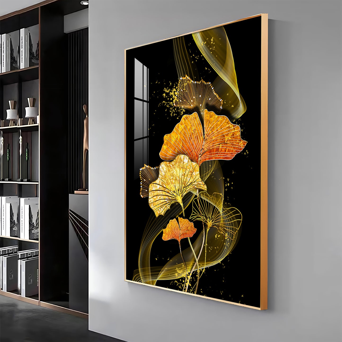 Golden Elegance Bloom Glass Finish Vertical Wall Art