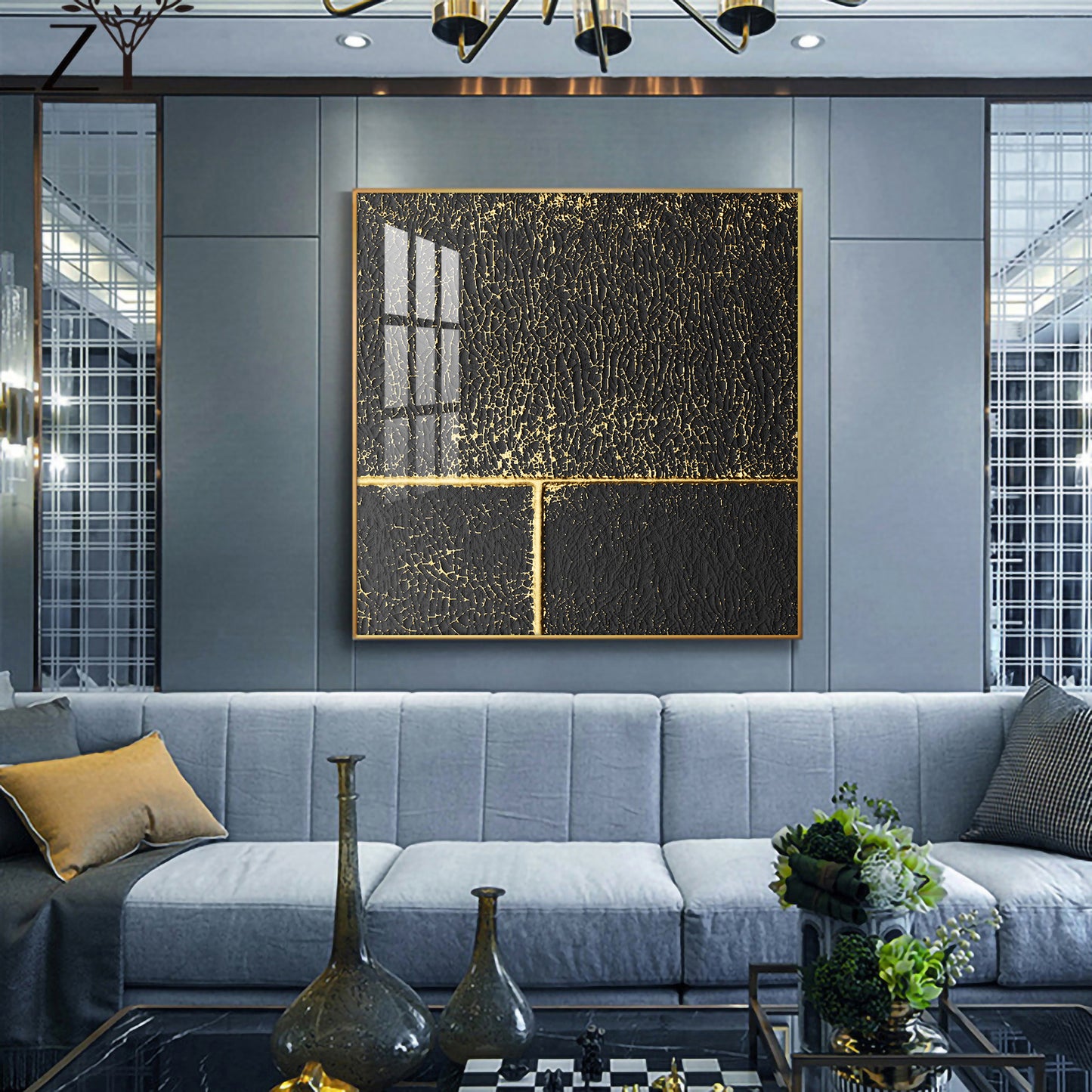 Black and Gold Reverie Glass Finish Square Wall Art