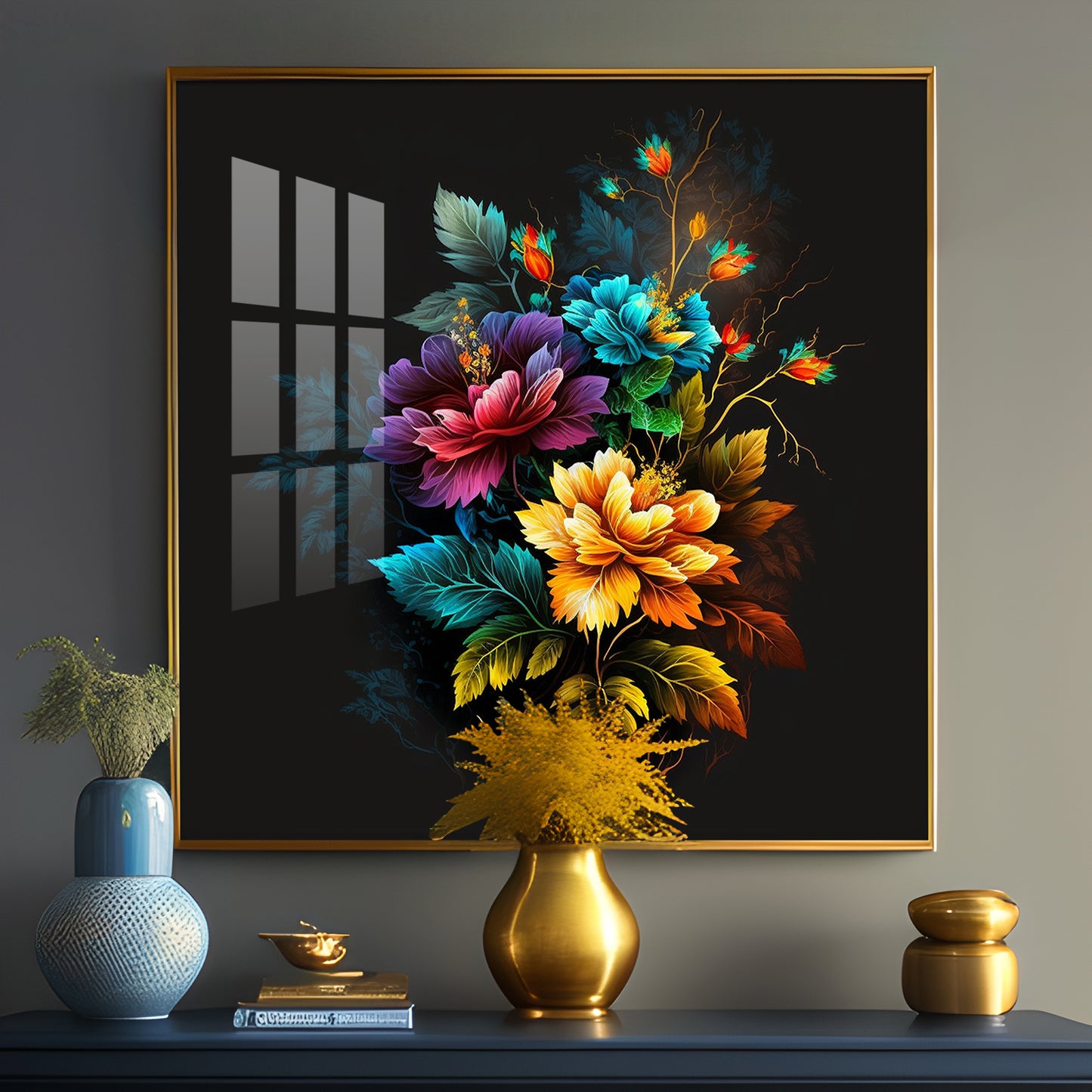 Dark Floral Symphony Glass Finish Square Wall Art
