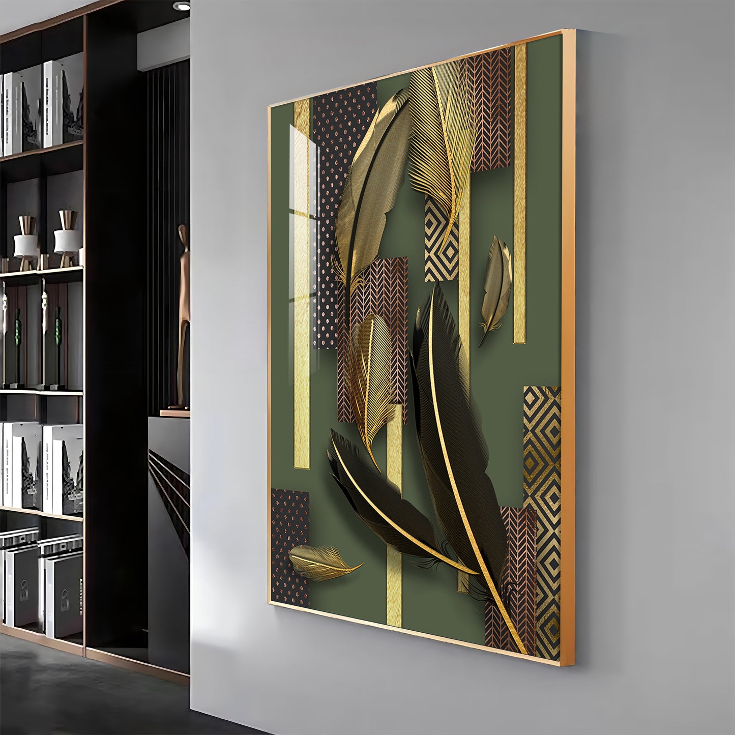 Golden Leaf Elegance Glass Finish Vertical Wall Art