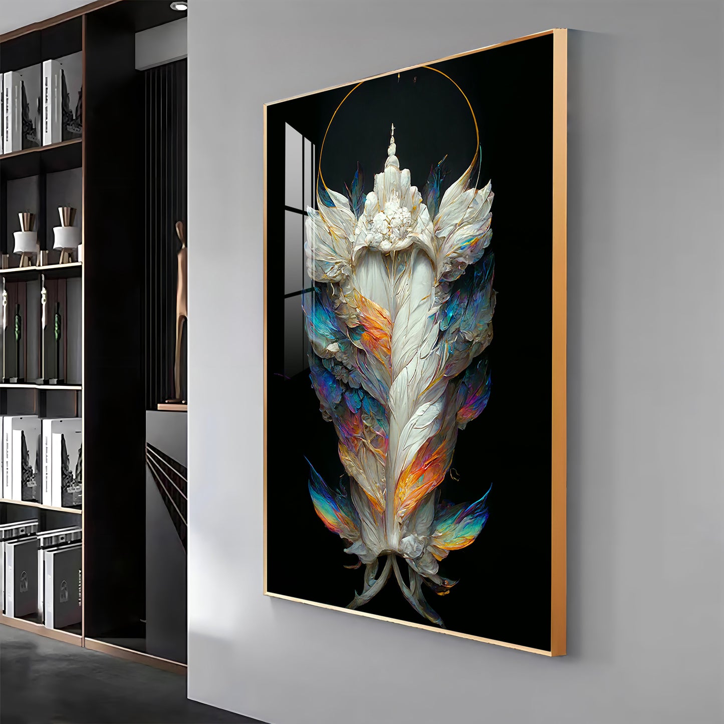 Celestial Feather Glass Finish Vertical Wall Art