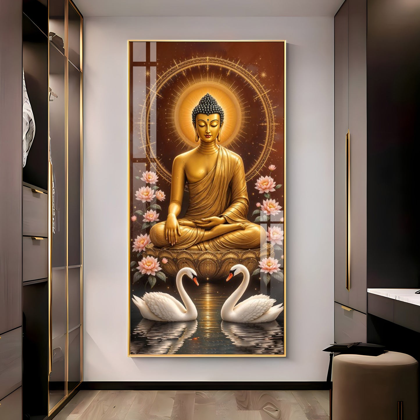 Meditating Budha With Swarn Glass Finish Vertical Wall Art