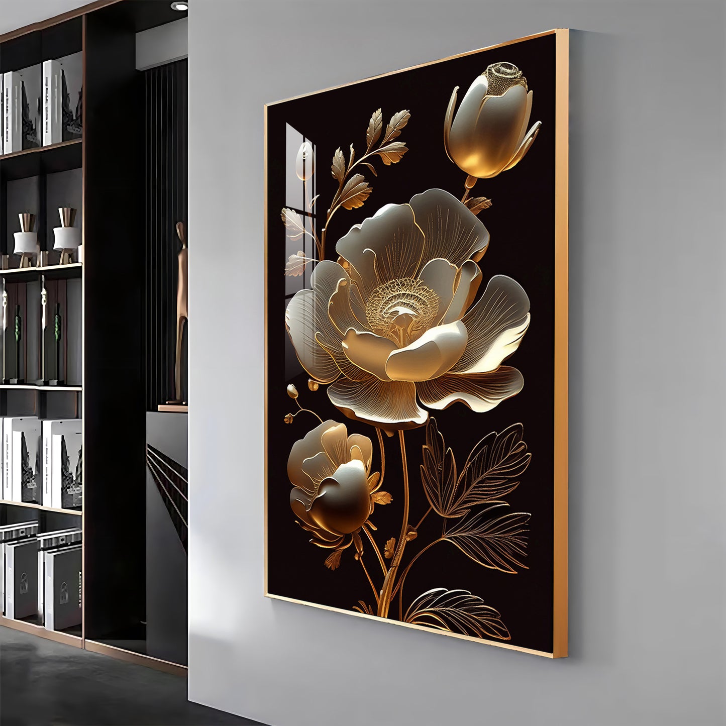 Midnight Floral Symphony Glass Finish Vertical Wall Art