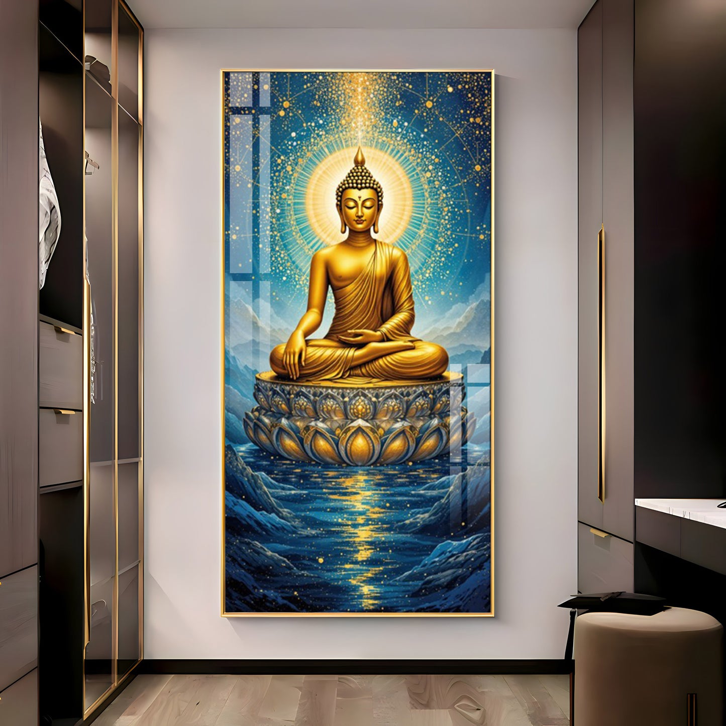 Calm Buddha In River Glass Finish Vertical Wall Art