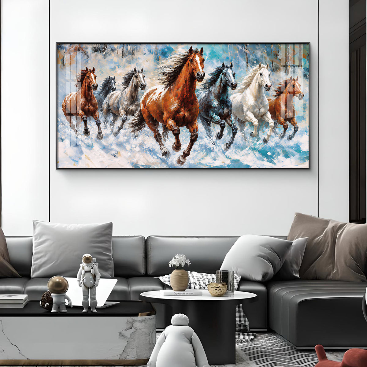 Running Horses Vastu Glass Finish Horizontal Wall Art