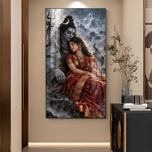 Shiva & Parvati Divine Love Glass Finish Vertical Wall Art