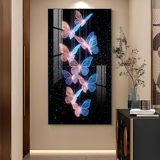 Blue & Pink Glowing Butterflies Glass Finish Vertical Wall Art