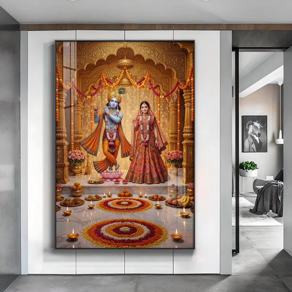 Spiritual Serenity Radha Love Krishna Glass Finish Vertical Wall Art