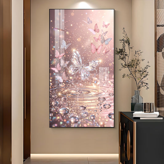 Sparkling Pink Butterfly Glass Finish Vertical Wall Art