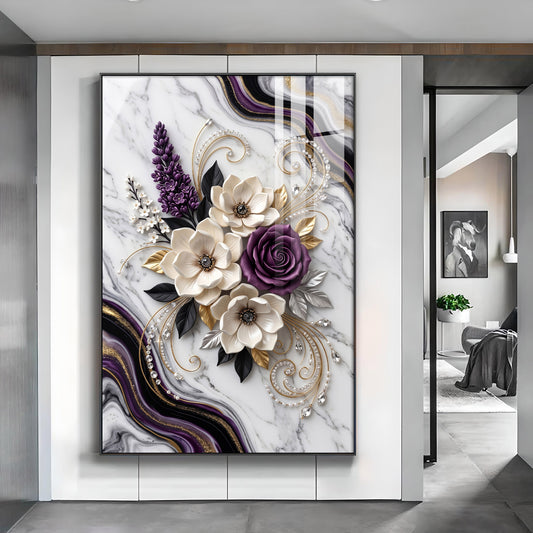 Beautiful Purple & White Flowers Glass Finish Vertical Wall Art