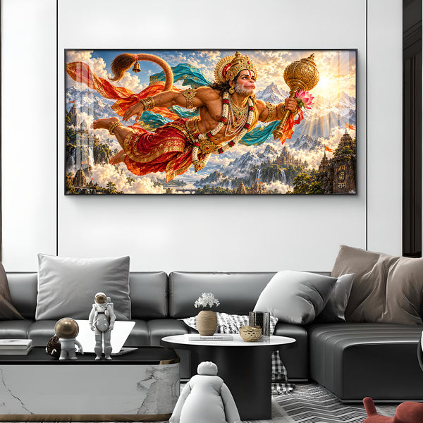 Divine Bajrangbali Flying Pose Glass Finish Horizontal Wall Art