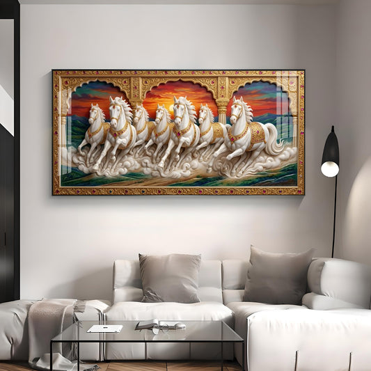 White Running Horses Vastu Glass Finish Horizontal Wall Art