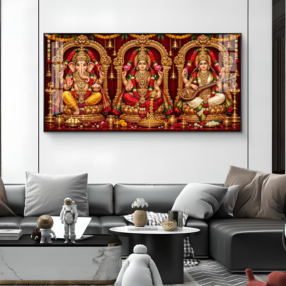 Divine Ganesha Lakshmi & Saraswati Glass Finish Horizontal Wall Art