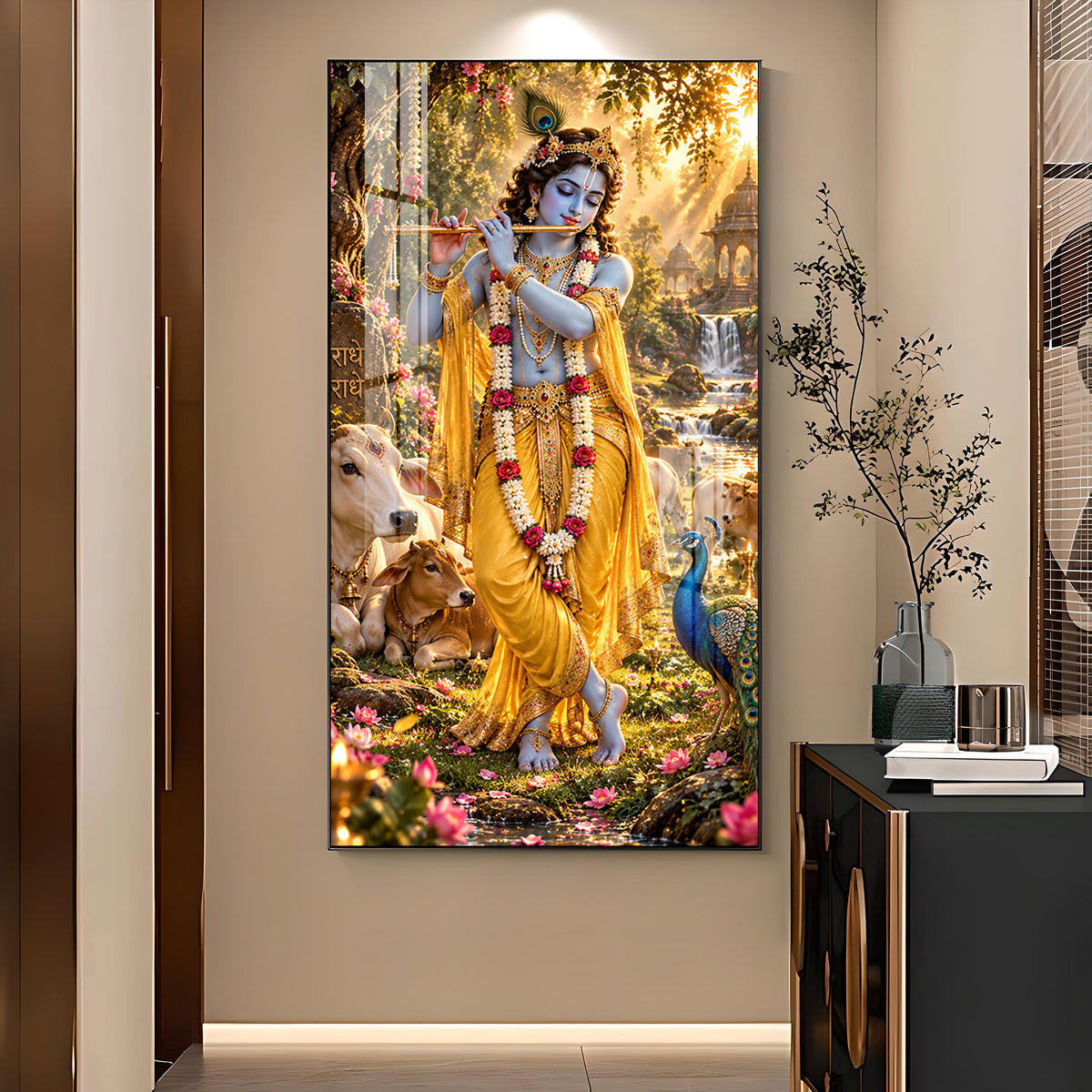 Lord Krishna Bansuri & Cow Glass Finish Vertical Wall Art