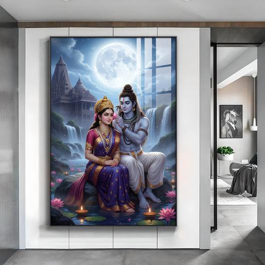 Depicting Lord Shiva & Goddess Parvati Glass Finish Vertical Wall Art