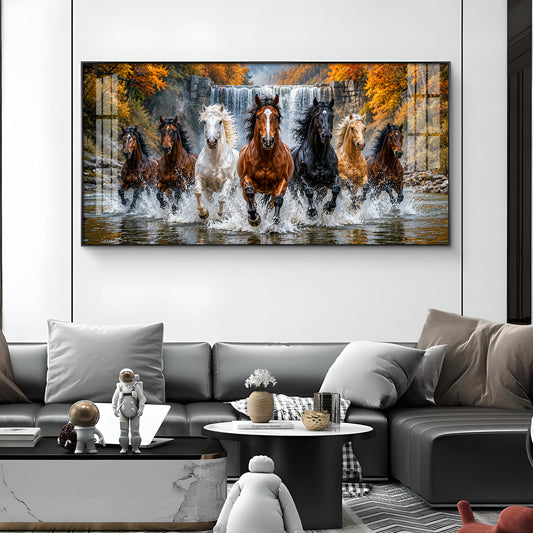 Seven-Horse Running Glass Finish Horizontal Wall Art