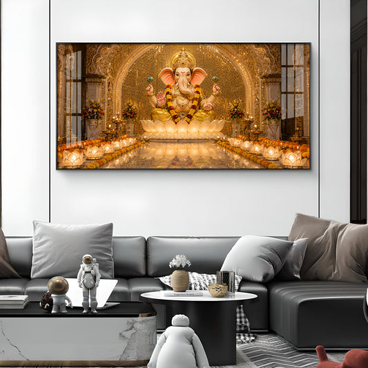 Lord Ganesha In A Golden Temple Glass Finish Horizontal Wall Art