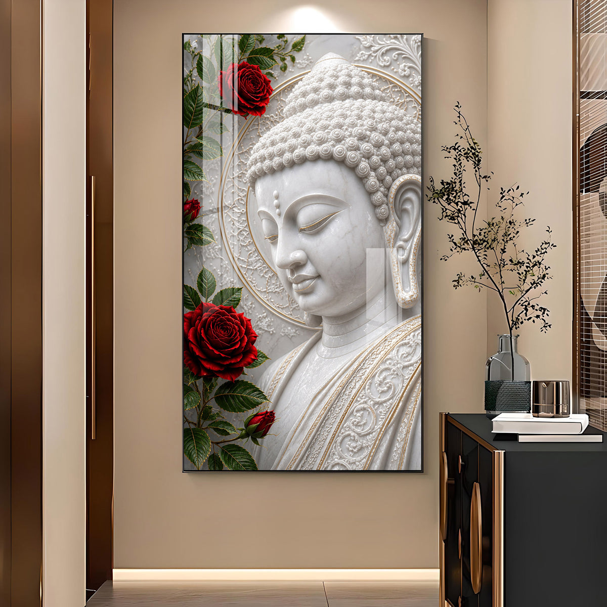 Serene Lord Buddha Glass Finish Vertical Wall Art