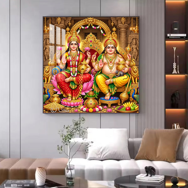 Goddess Lakshmi and Lord Kubera Glass Finish Square Wall Art