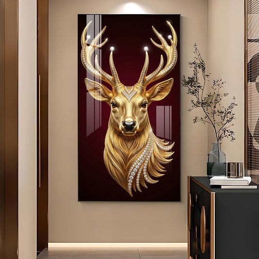 Golden Deer Head Glass Finish Vertical Wall Art