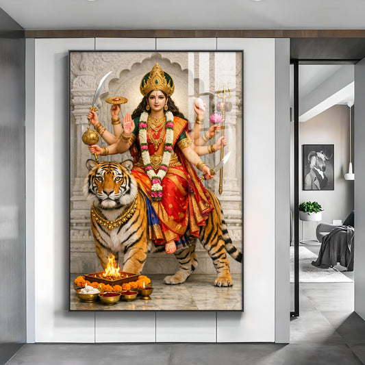 Maa Durga Seated On Tiger Glass Finish Vertical Wall Art