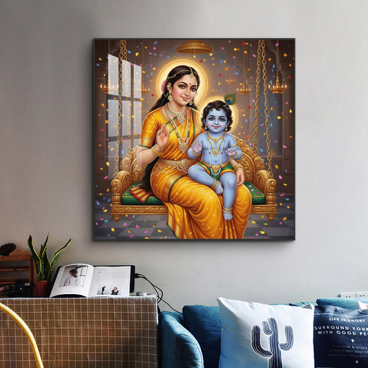 Little Kanha With Yashoda Maa Glass Finish Square Wall Art