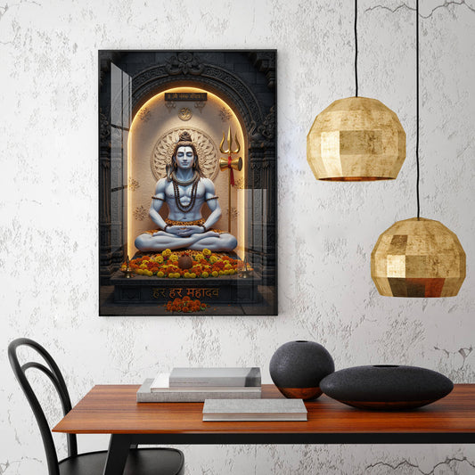 Lord Shiva In A Meditative Pose Glass Finish Vertical Wall Art