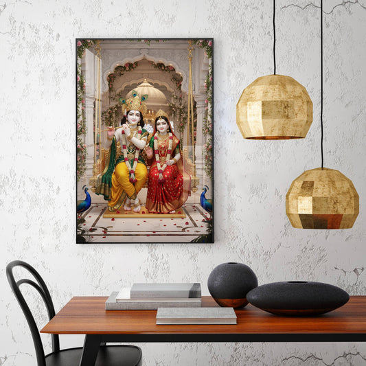 Hindu Deities Radha & Krishna Sitting Together Glass Finish Vertical Wall Art