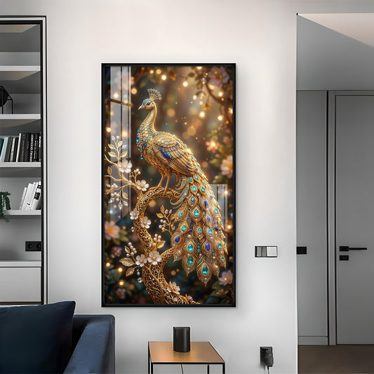 Elegant Peacock Fantasy Glass Finish Vertical Wall Art