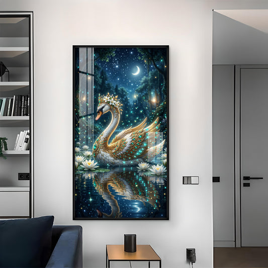 Calm Night Magical Swan Glass Finish Vertical Wall Art