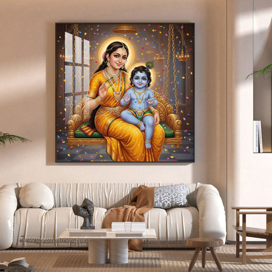 Little Kanha With Yashoda Maa Glass Finish Square Wall Art