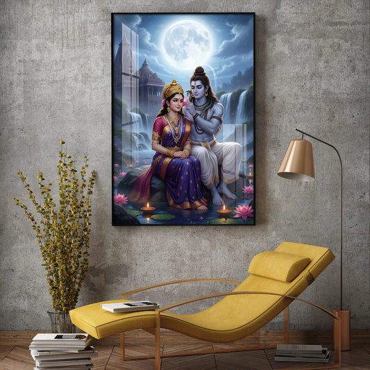 Depicting Lord Shiva & Goddess Parvati Glass Finish Vertical Wall Art