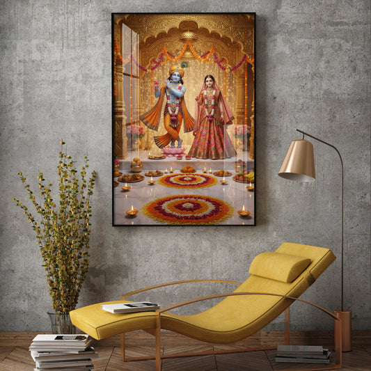 Spiritual Serenity Radha Love Krishna Glass Finish Vertical Wall Art