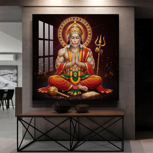 Veer Hanuman Ji Glass Finish Square Wall Art