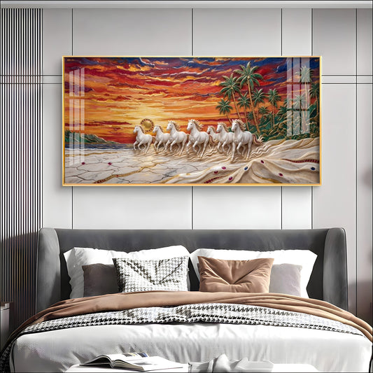 Seven Horses Vastu Glass Finish Horizontal Wall Art