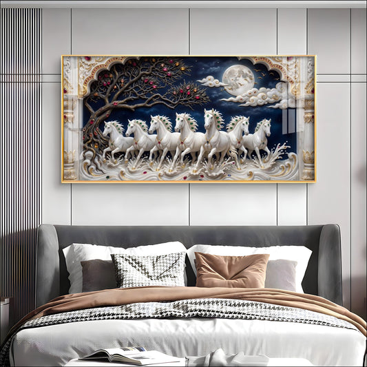Beautiful Seven White Horses Vastu Glass Finish Horizontal Wall Art