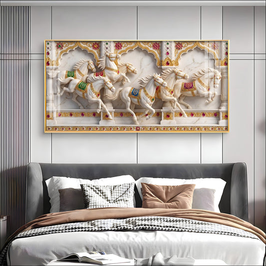 Seven White Horses Vastu Glass Finish Horizontal Wall Art