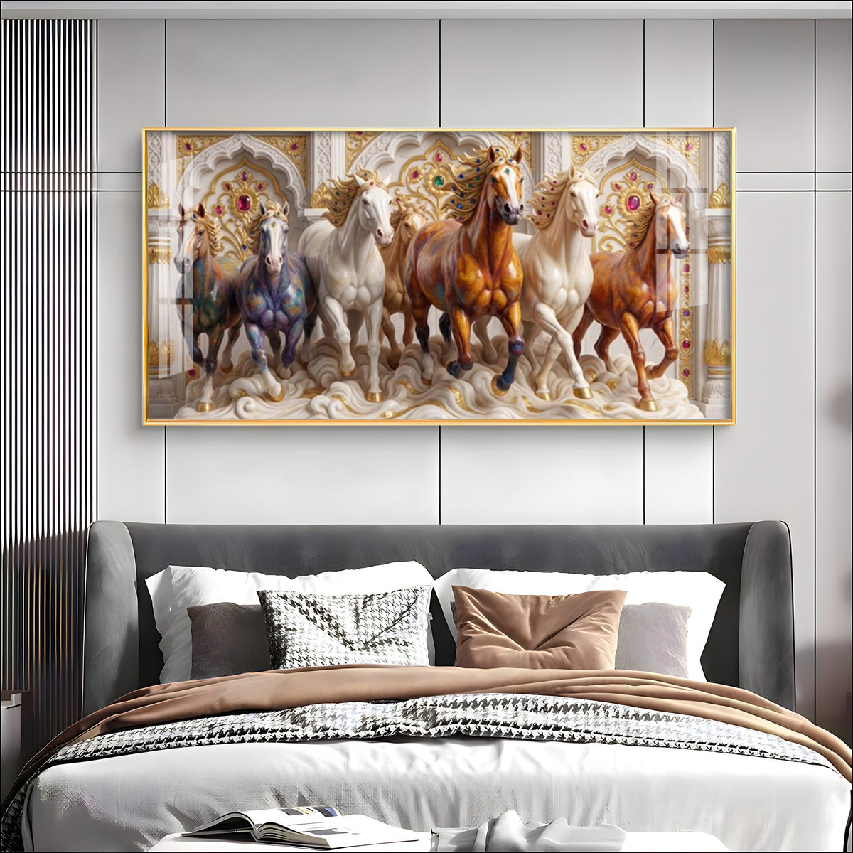 7 Running Horse Vastu Glass Finish Horizontal Wall Art