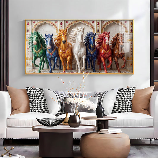 Seven Colorful Horses Vastu Glass Finish Horizontal Wall Art