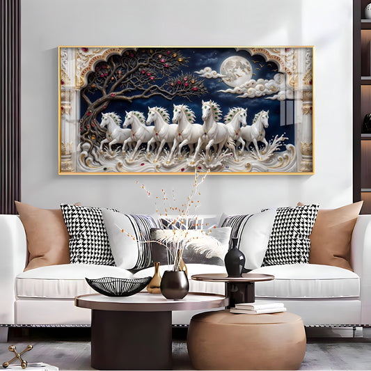 Beautiful Seven White Horses Vastu Glass Finish Horizontal Wall Art