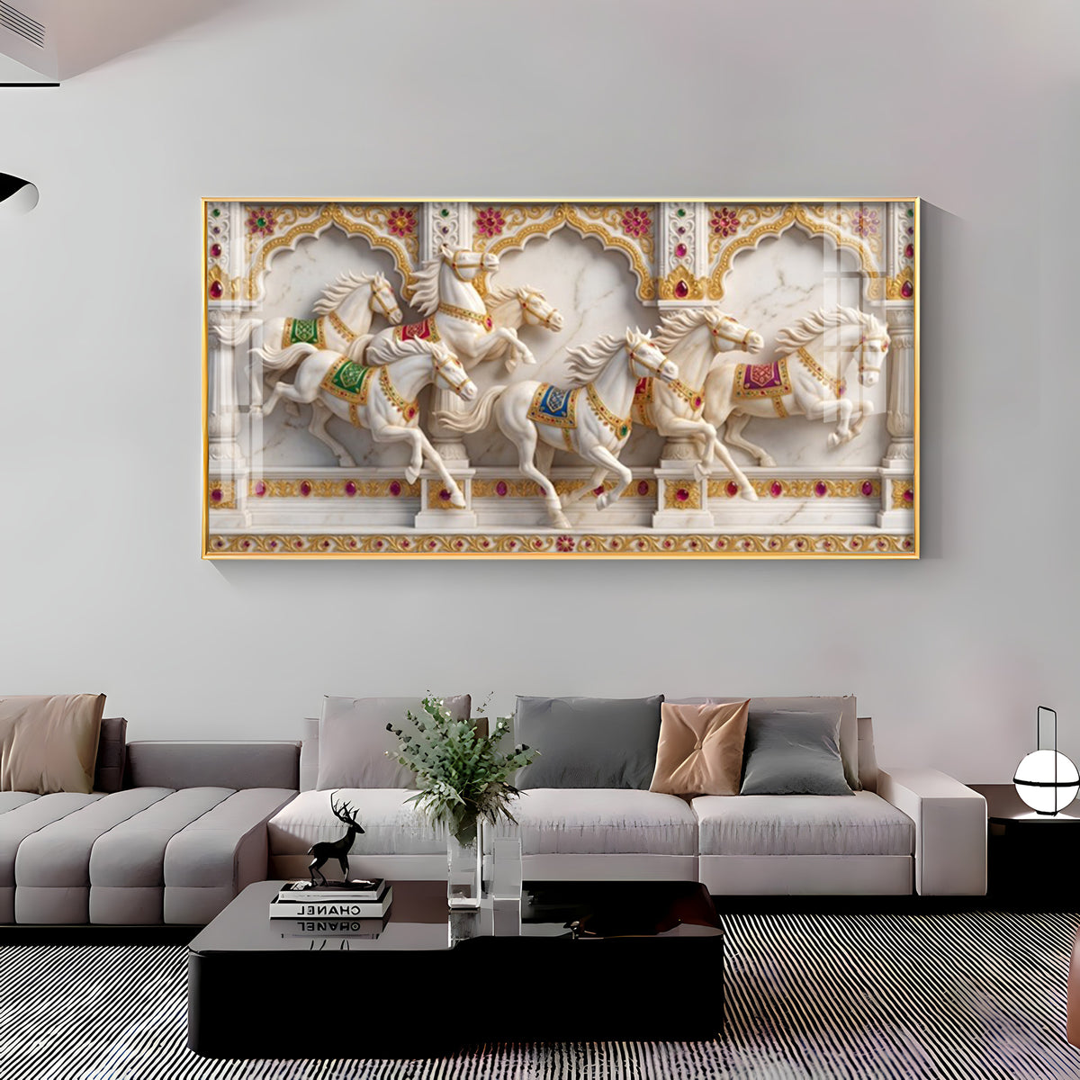 Seven White Horses Vastu Glass Finish Horizontal Wall Art
